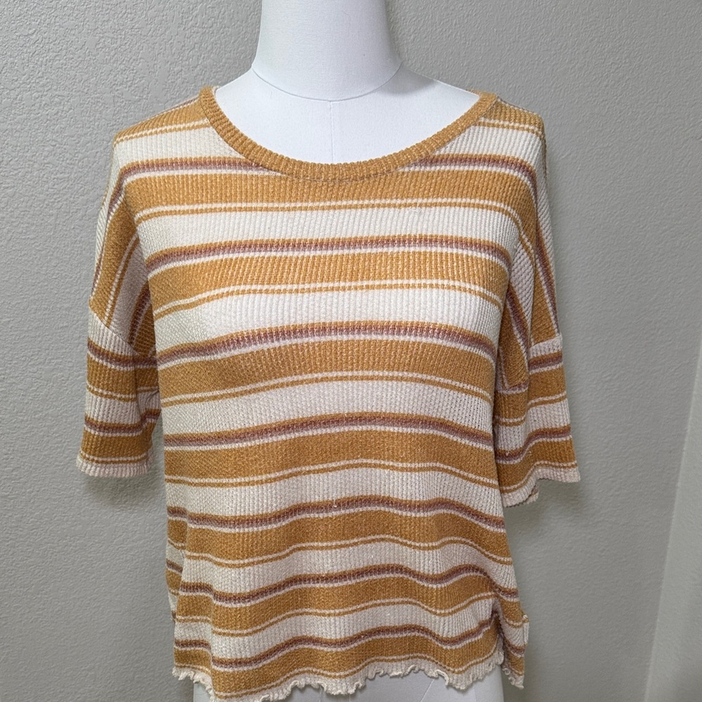 American Eagle Striped Mustard and White Women's Slouchy Waffle Top